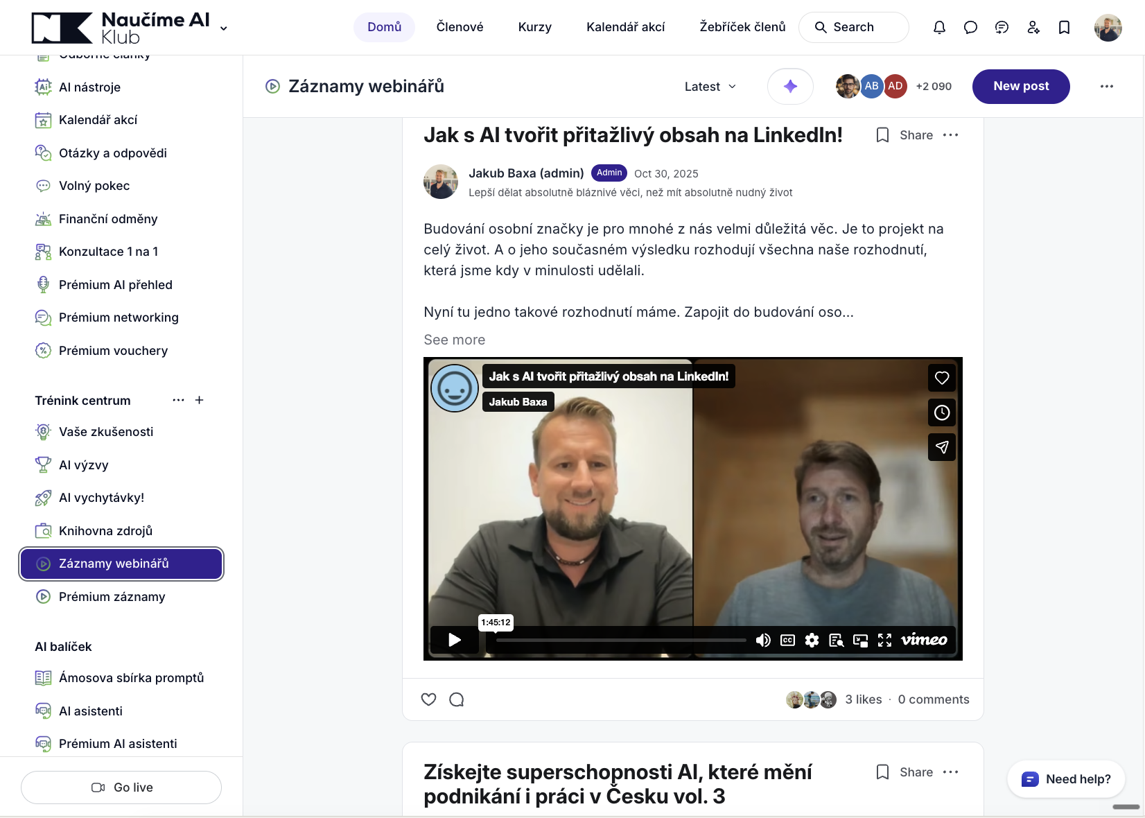 Webináře a živé akce v klubu